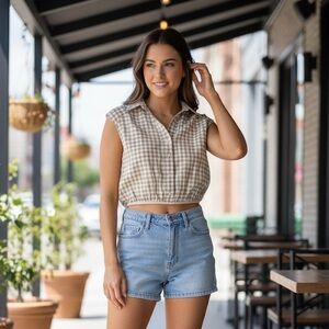 Maeve by Anthropologie Gingham Checkered Cropped Blouse Shirt Top XS